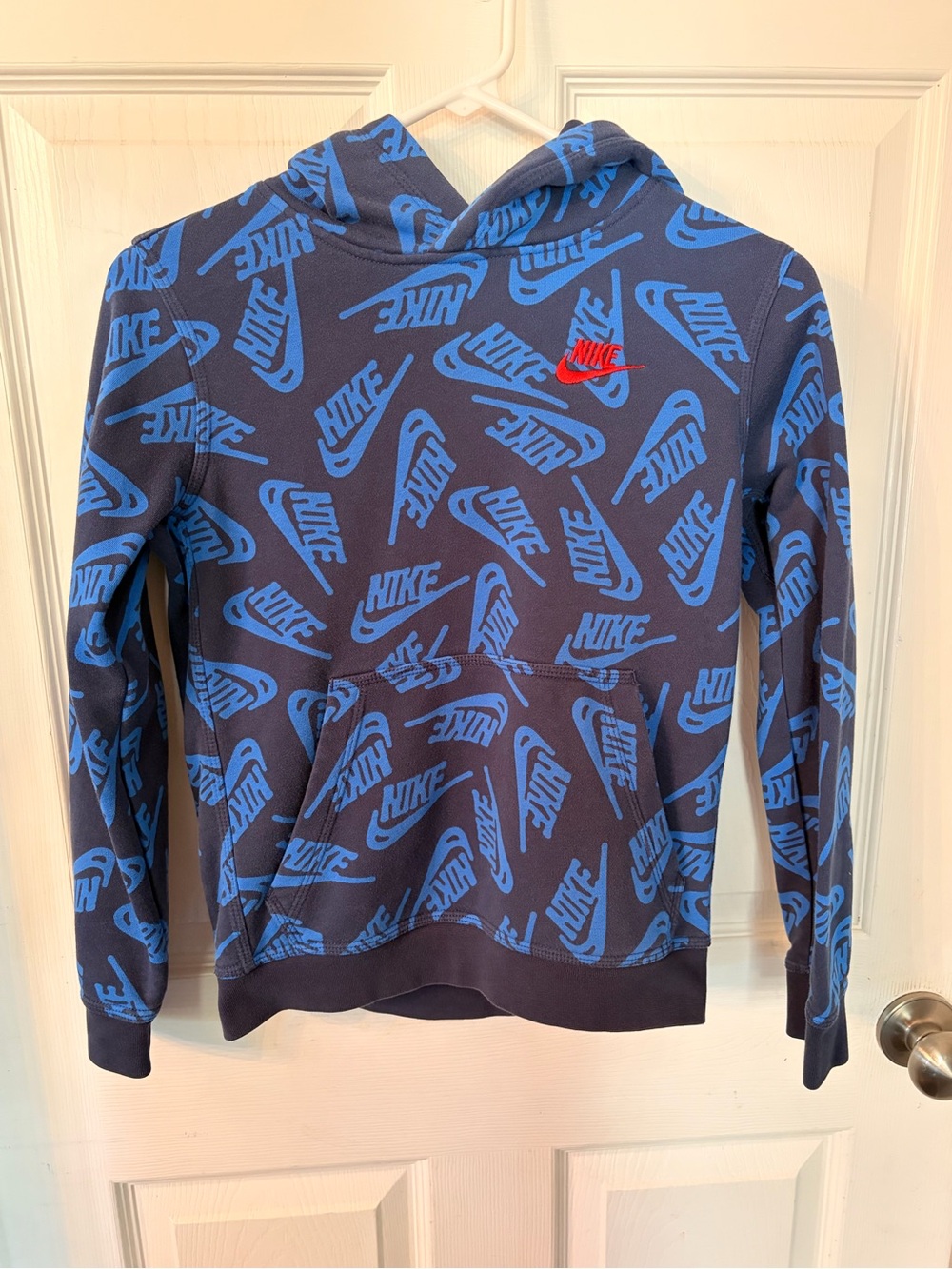 Nike Navy Hoodie with Bright Blue Logo Print and Red Swoosh boys size M.